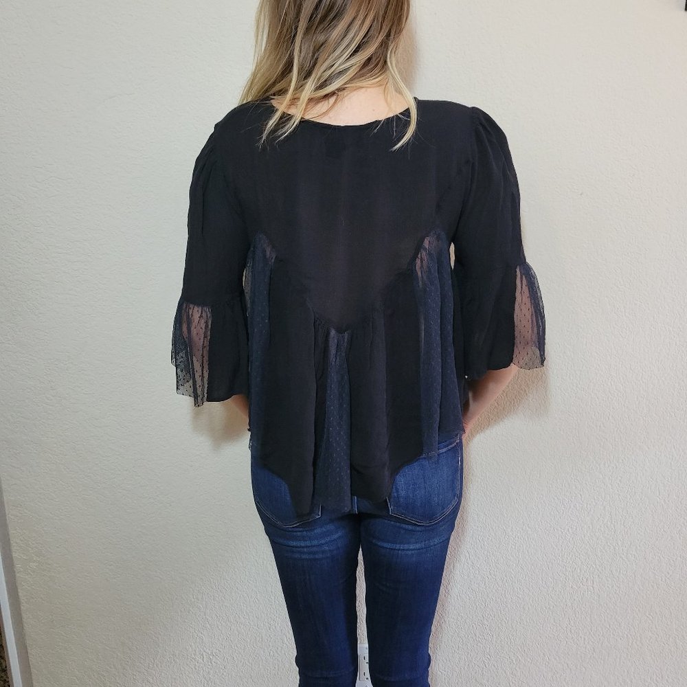 Juniors Black Boho Top Small Peasant 3/4 Raglan Sleeve Womens Flowy Tulle Lace - Picture 7 of 7